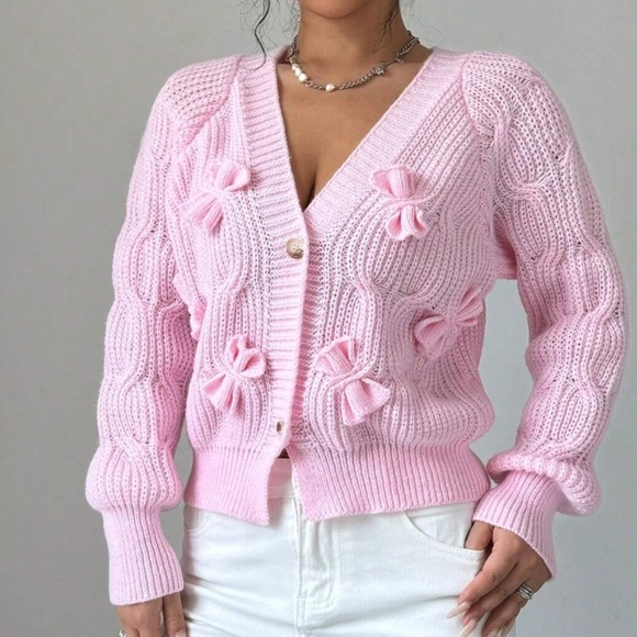 Classic Solid Bow Detail Button Down Fitted Cardigan - Picture 7 of 10